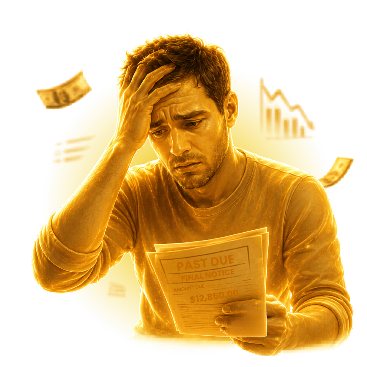 Homem preocupado segurando uma cobrança financeira