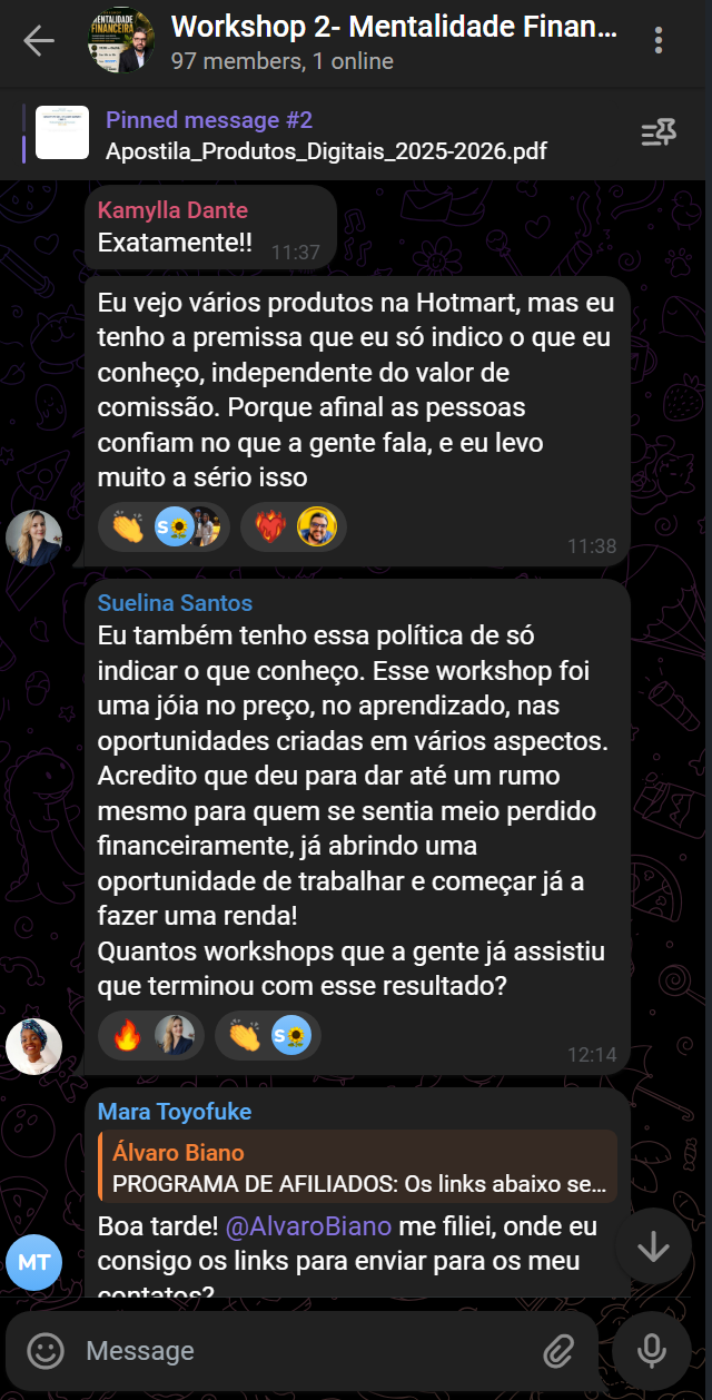 Depoimento de aluna no grupo do workshop