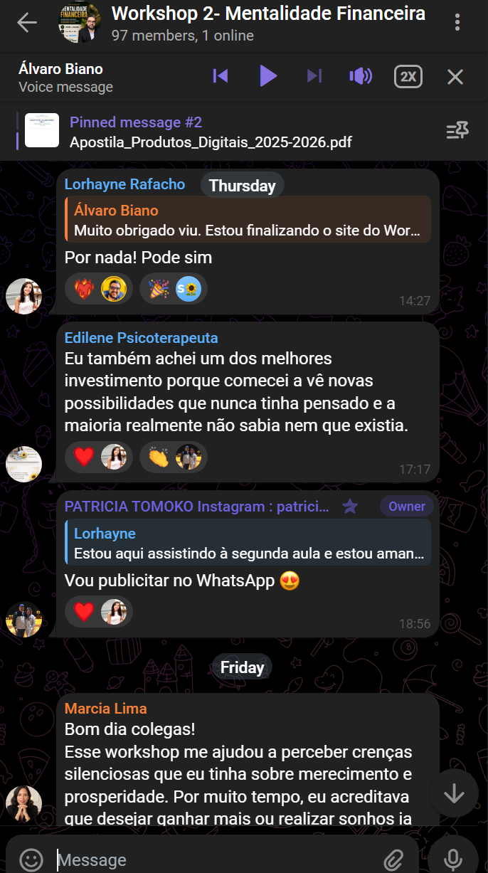Depoimentos no grupo do workshop